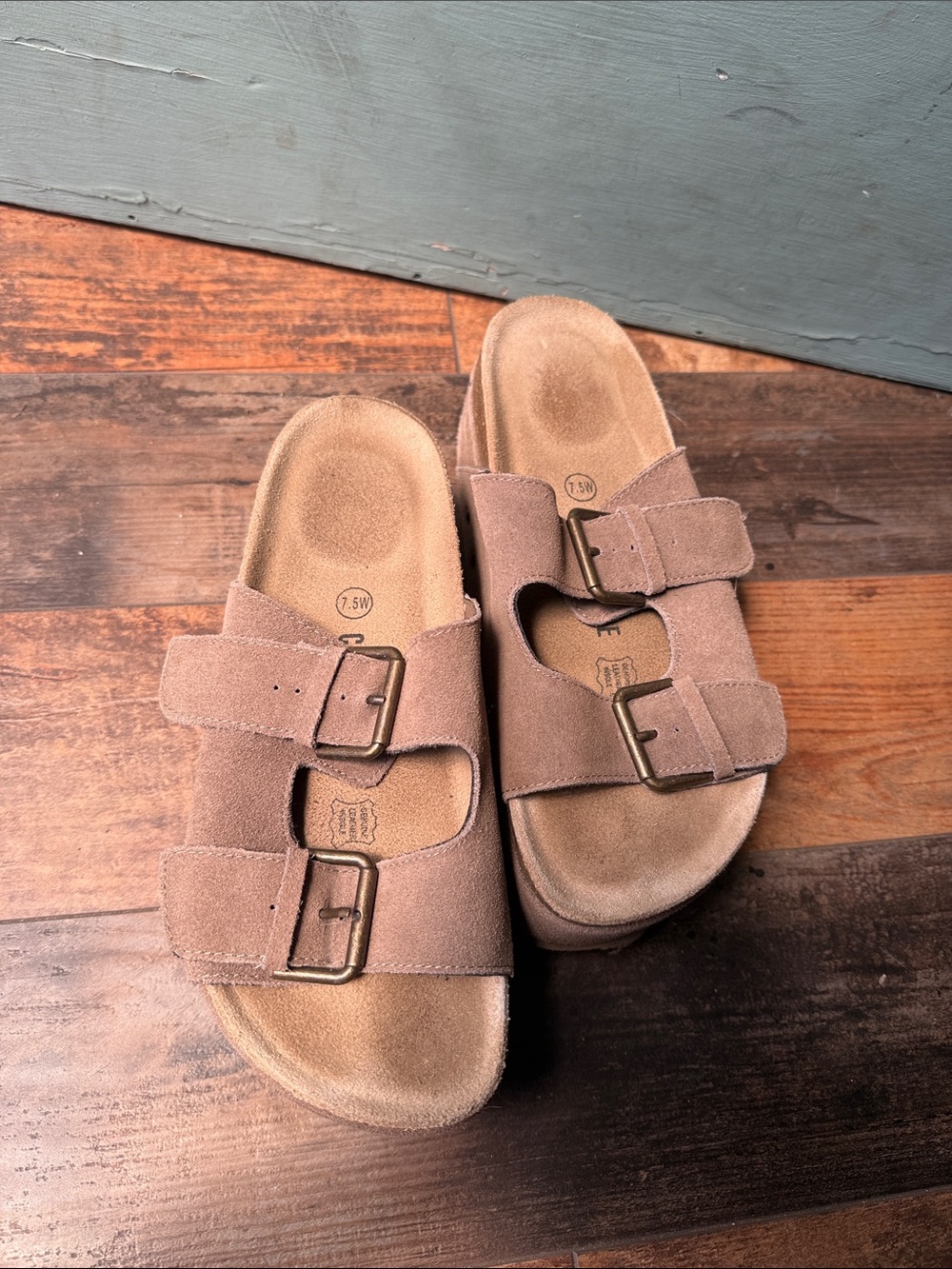 Women’s Double-Buckle Suede Platform Slide Sandals — Taupe Cushionaire Platforms